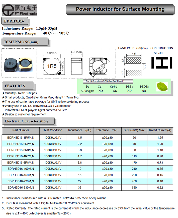 小尺寸大电流屏蔽绕线电感路由器专用电感EDRH3D16