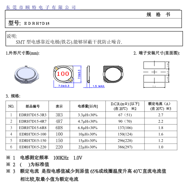 超薄大电流屏蔽功率绕线电感EDRH7D15